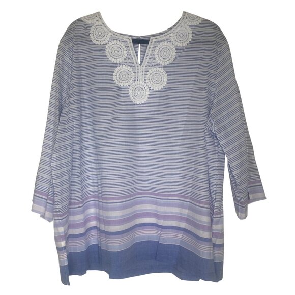 Alfred Dunner Ann Arbor Top Womens Size XL Blue Striped Tunic Lace 3/4 Sleeves L - Picture 1 of 8